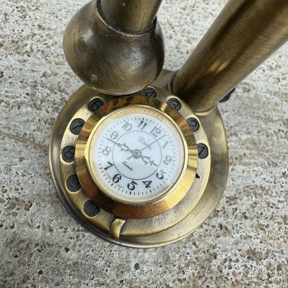 Xanadu Metal Candlestick Phone Clock Vintage Mini Copper Tone New Battery